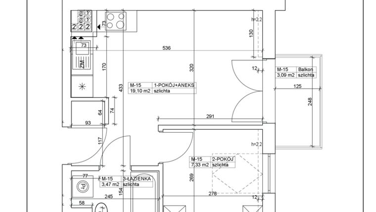 Rzut - Mieszkanie na sprzedaż 2 pokoje o powierzchni 29,9 m² - numer 15 w Bydgoska 19