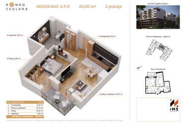 Rzut - Mieszkanie na sprzedaż 2 pokoje o powierzchni 46,6 m² - numer A.5.9 w Rondo Ceglana etap II