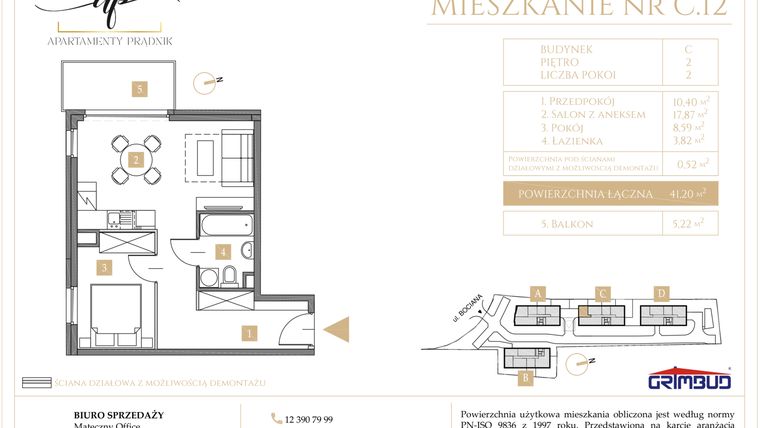 Rzut - Mieszkanie na sprzedaż 2 pokoje o powierzchni 41,2 m² - numer C.12 w Apartamenty Prądnik