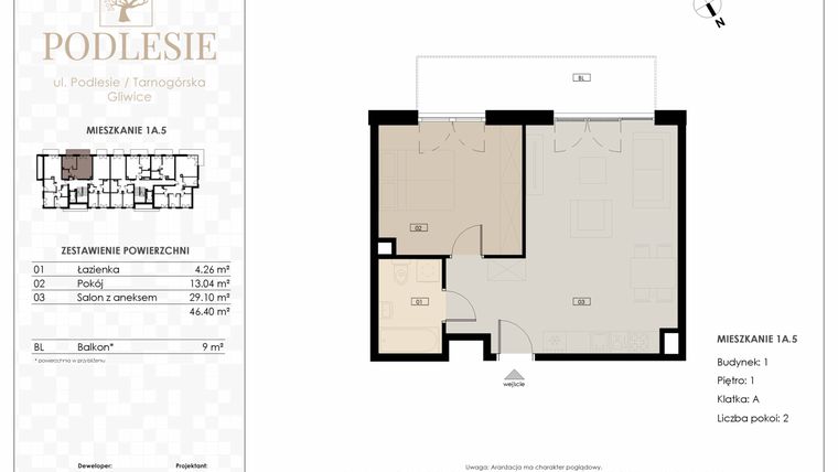 Rzut - Mieszkanie na sprzedaż 2 pokoje o powierzchni 46,4 m² - numer 1A.5 w Podlesie