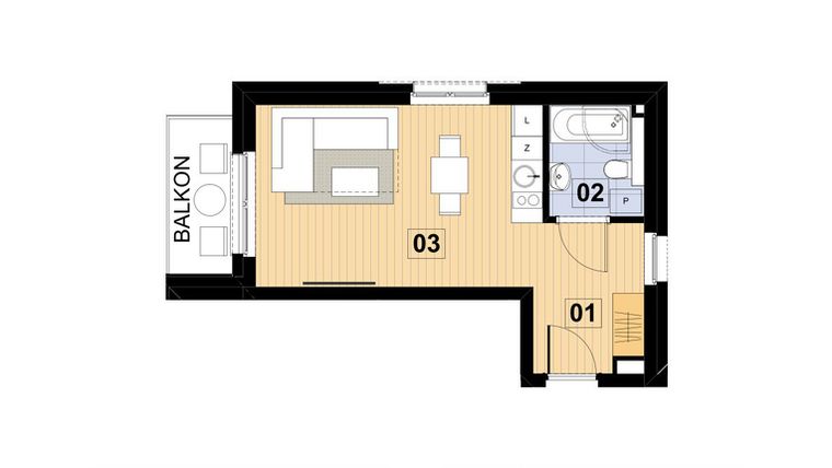 Rzut - Mieszkanie na sprzedaż 2 pokoje o powierzchni 27,7 m² - numer L15 w Green Park Resort III