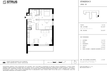 Rzut - Mieszkanie na sprzedaż 3 pokoje o powierzchni 64,64 m² - numer 2.A3 w Staszica 3