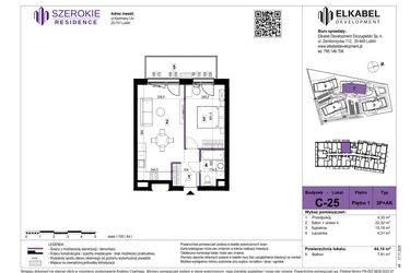Rzut - Mieszkanie na sprzedaż 2 pokoje o powierzchni 44,14 m² - numer C-25 w Szerokie Residence