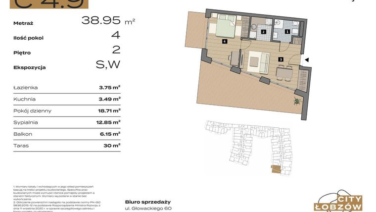 Rzut - Mieszkanie na sprzedaż 2 pokoje o powierzchni 39,19 m² - numer C 4.9 w City Łobzów