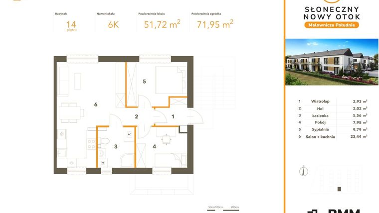 Rzut - Mieszkanie na sprzedaż 3 pokoje o powierzchni 51,72 m² - numer 6K w Słoneczny Nowy Otok - Malownicza Południe etap III