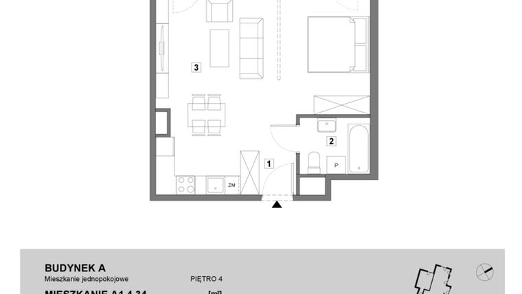 Rzut - Mieszkanie na sprzedaż 1 pokój o powierzchni 43,39 m² - numer A1.4.34 w ATAL Grabiszyn