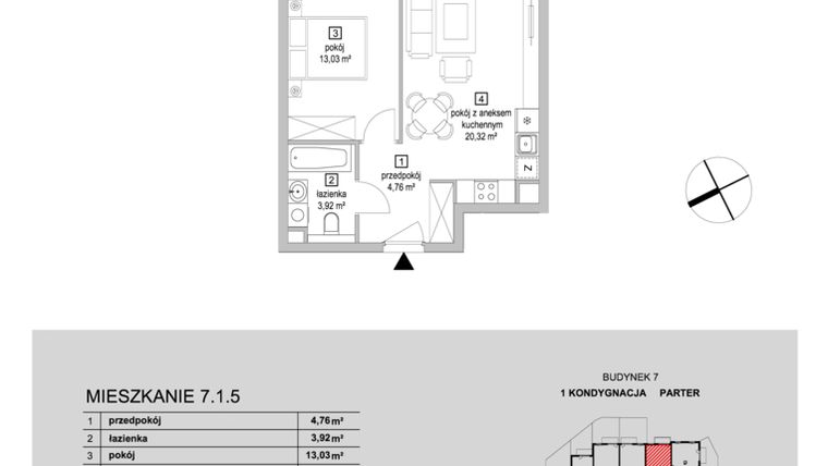 Rzut - Mieszkanie na sprzedaż 2 pokoje o powierzchni 42,03 m² - numer 7.1.5 w Osiedle Przyjemne IV