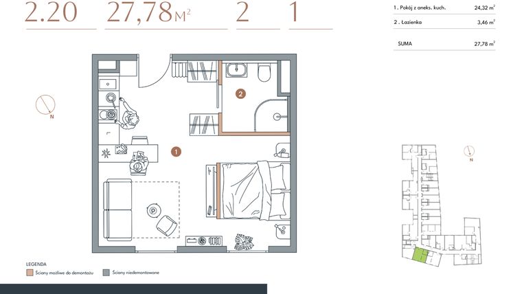 Rzut - Mieszkanie na sprzedaż 1 pokój o powierzchni 27,78 m² - numer 2.20 w Starowiejska 3