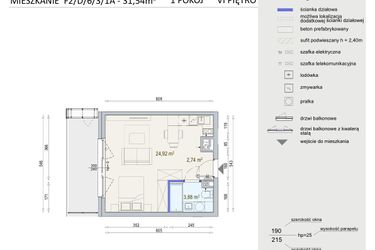 Rzut - Mieszkanie na sprzedaż 1 pokój o powierzchni 31,54 m² - numer D/6/3/1A w Modern Mokotów bud. F1 i F2