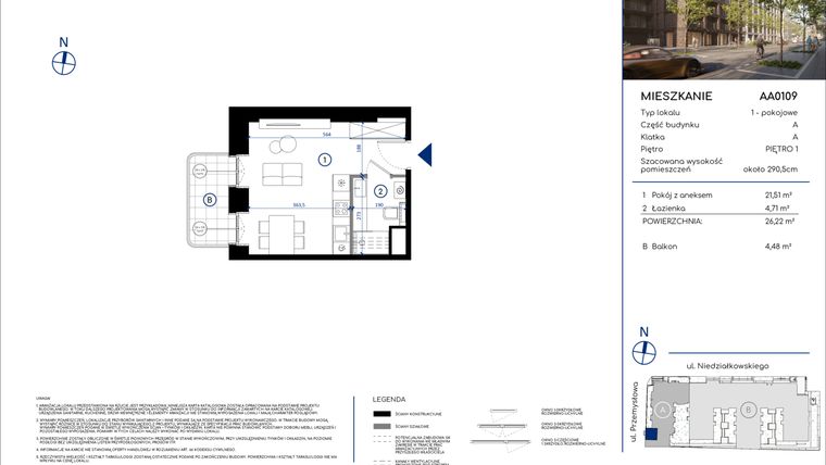 Rzut - Mieszkanie na sprzedaż 1 pokój o powierzchni 26,22 m² - numer AA0109 w Niedziałkowskiego Park