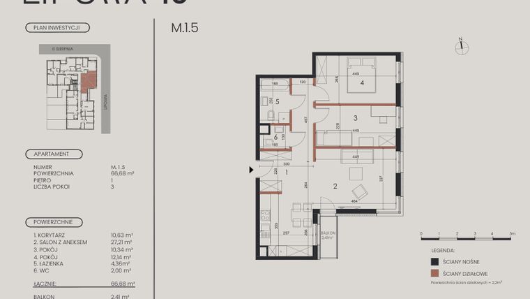 Rzut - Mieszkanie na sprzedaż 3 pokoje o powierzchni 66,68 m² - numer M.1.5 w Lipowa 43