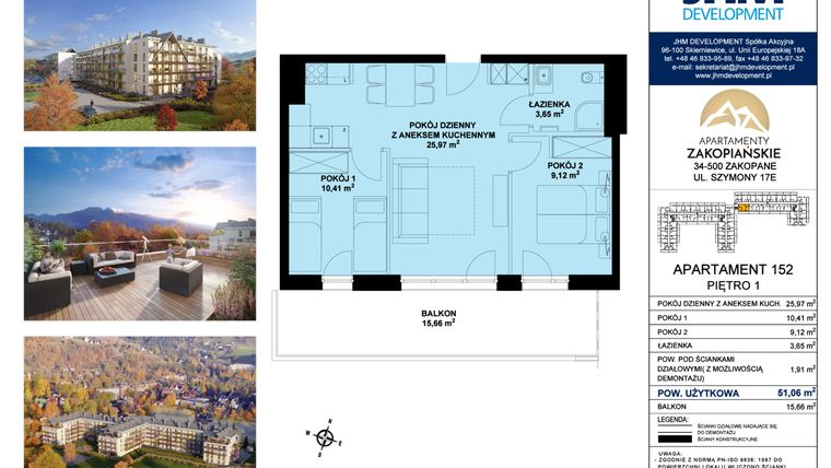Rzut - Mieszkanie na sprzedaż 3 pokoje o powierzchni 51,06 m² - numer 152 w Apartamenty Zakopiańskie