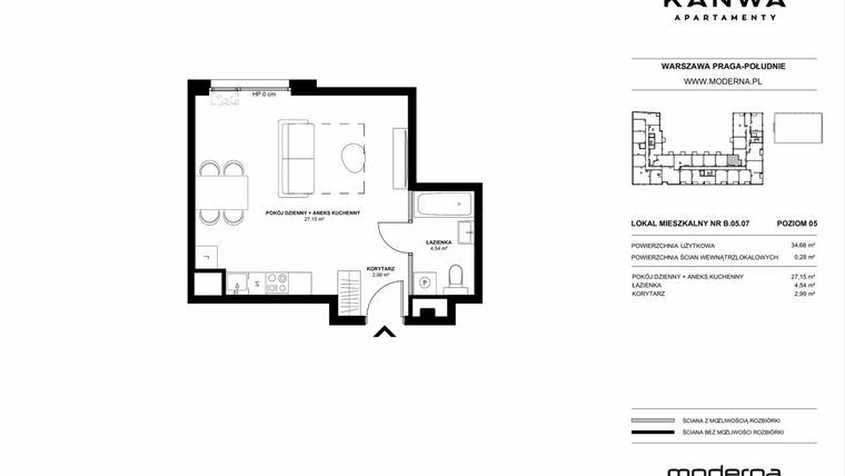 Rzut - Mieszkanie na sprzedaż 1 pokój o powierzchni 34,68 m² - numer B.05.07 w KANWA