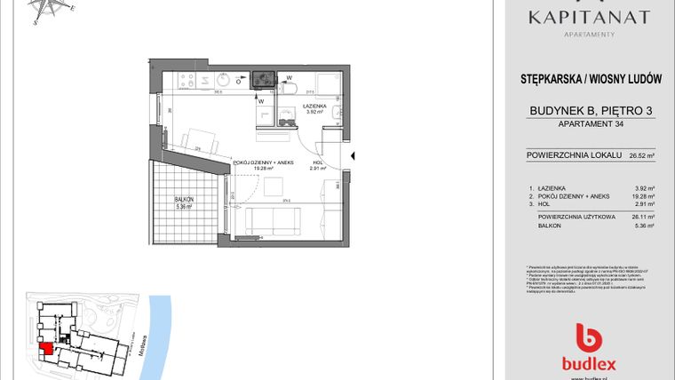 Rzut - Mieszkanie na sprzedaż 1 pokój o powierzchni 26,52 m² - numer 34.B w Kapitanat Apartamenty