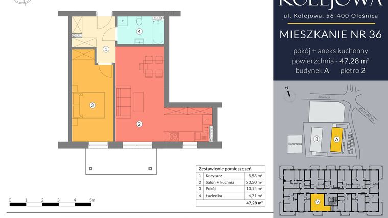 Rzut - Mieszkanie na sprzedaż 2 pokoje o powierzchni 47,28 m² - numer A.36 w Osiedle Kolejowa
