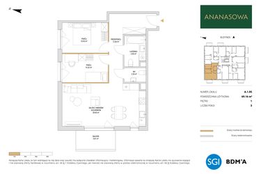 Rzut - Mieszkanie na sprzedaż 3 pokoje o powierzchni 69,16 m² - numer A.1.05 w Ananasowa