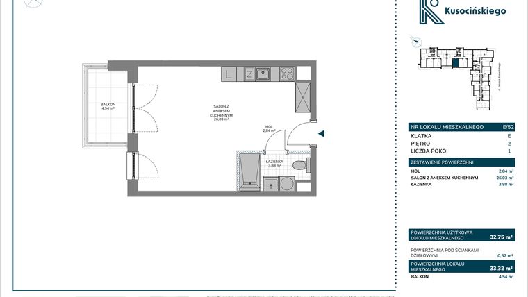 Rzut - Mieszkanie na sprzedaż 1 pokój o powierzchni 33,32 m² - numer E/52 w Kusocińskiego - Budynek B