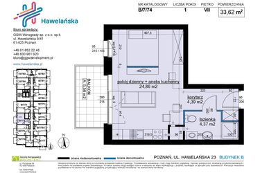 Rzut - Mieszkanie na sprzedaż 1 pokój o powierzchni 33,62 m² - numer B/7/74 w Osiedle Hawelańska etap III - bud. B