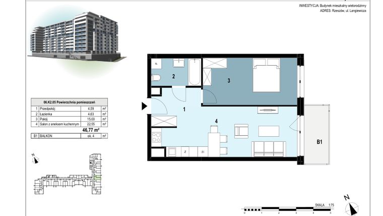 Rzut - Mieszkanie na sprzedaż 2 pokoje o powierzchni 46,77 m² - numer 06.K2.05 w Langiewicza 37