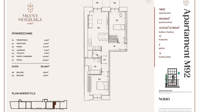 Rzut - Mieszkanie na sprzedaż 3 pokoje o powierzchni 66,18 m² - numer C.92 w Młyny Mogilska