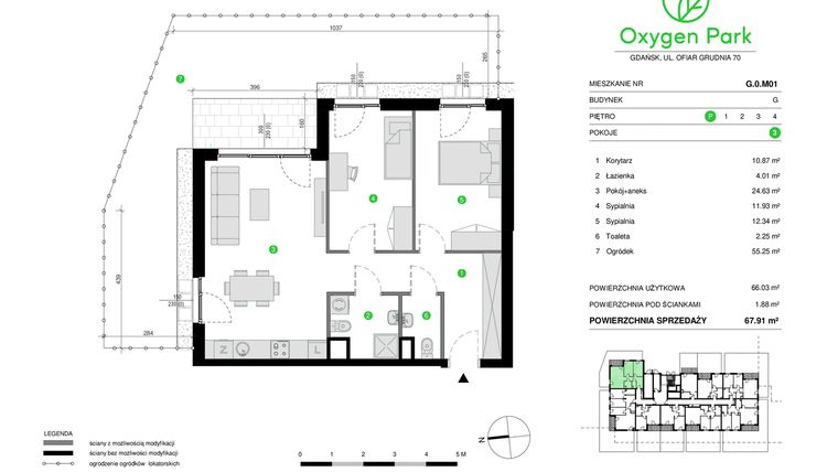 Rzut - Mieszkanie na sprzedaż 3 pokoje o powierzchni 67,91 m² - numer G.0.M01 w Oxygen Park etap III