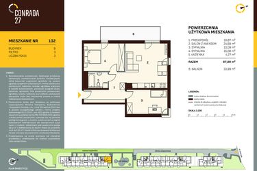 Rzut - Mieszkanie na sprzedaż 3 pokoje o powierzchni 67,99 m² - numer B.102 w Conrada 27