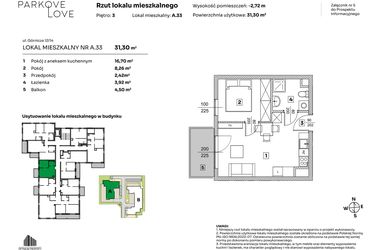 Rzut - Mieszkanie na sprzedaż 2 pokoje o powierzchni 31,3 m² - numer A.33 w Parkove Love