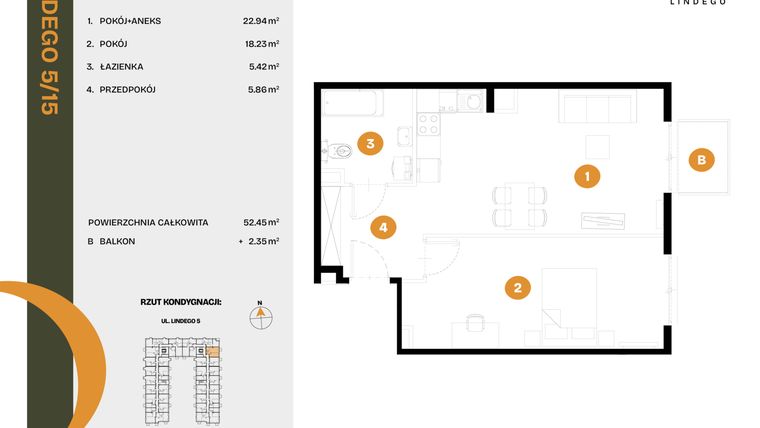 Rzut - Mieszkanie na sprzedaż 2 pokoje o powierzchni 52,45 m² - numer 15 w CLOU LINDEGO