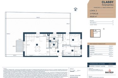 Rzut - Mieszkanie na sprzedaż 3 pokoje o powierzchni 69,85 m² - numer 2 w Classy Świętojańska