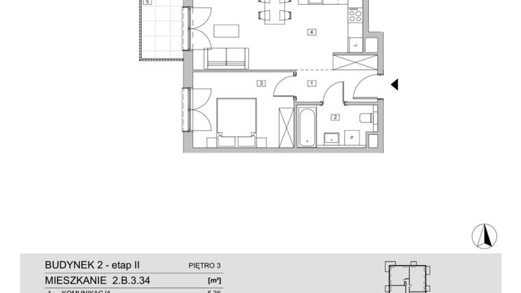 Rzut - Mieszkanie na sprzedaż 2 pokoje o powierzchni 44,58 m² - numer 2.B.3.34 w ATAL Apollina II