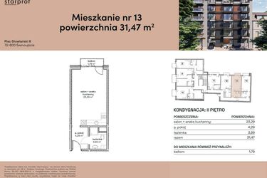 Rzut - Mieszkanie na sprzedaż 1 pokój o powierzchni 31,47 m² - numer M13 w Plac Słowiański 9