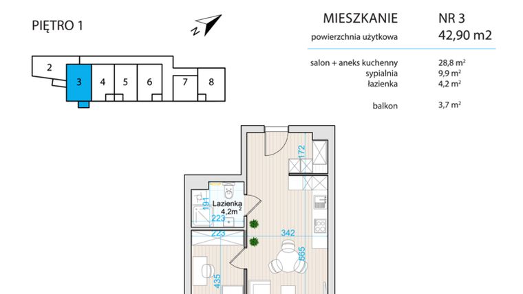 Rzut - Mieszkanie na sprzedaż 2 pokoje o powierzchni 42,9 m² - numer M-03 w Dolina 39
