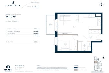 Rzut - Mieszkanie na sprzedaż 2 pokoje o powierzchni 46,7 m² - numer A2.7.22 w Cascada