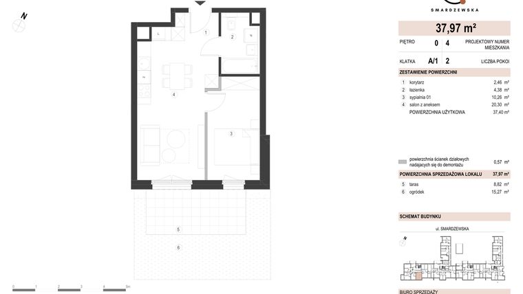 Rzut - Mieszkanie na sprzedaż 2 pokoje o powierzchni 37,97 m² - numer A/1/0.4 w Smardzewska 8