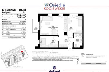 Rzut - Mieszkanie na sprzedaż 3 pokoje o powierzchni 54,69 m² - numer D1.38 w Osiedle Kociewskie etap III