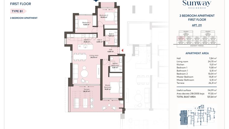 Rzut - Mieszkanie na sprzedaż 3 pokoje o powierzchni 115 m² - numer 211 w Sunway