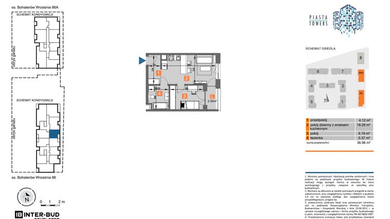 Rzut - Mieszkanie na sprzedaż 2 pokoje o powierzchni 36,96 m² - numer 86.60 w Piasta Towers bud. 86 i 86A