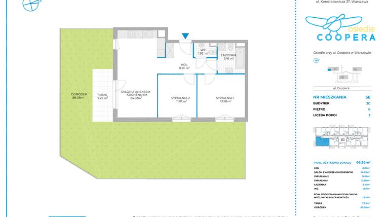 Rzut - Mieszkanie na sprzedaż 3 pokoje o powierzchni 66,36 m² - numer 3A/56 w Osiedle Coopera IIIa