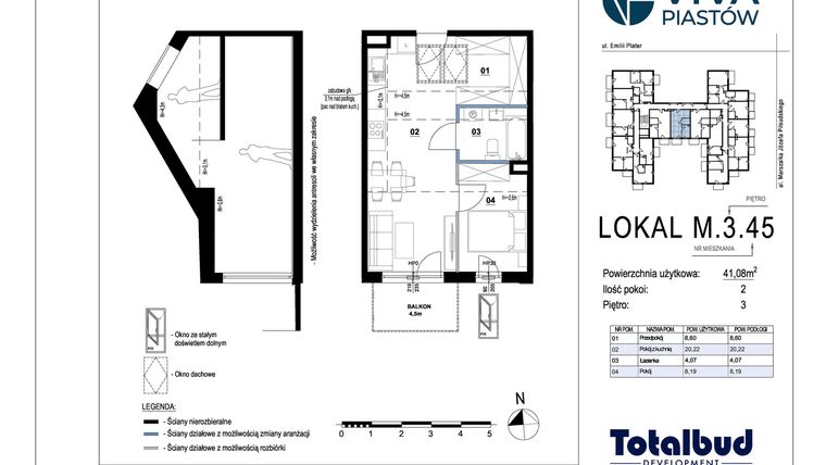Rzut - Mieszkanie na sprzedaż 2 pokoje o powierzchni 41,08 m² - numer M.3.45 w Viva Piastów