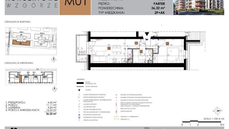 Rzut - Mieszkanie na sprzedaż 2 pokoje o powierzchni 36,32 m² - numer B2.1 w Koncertowe Wzgórze