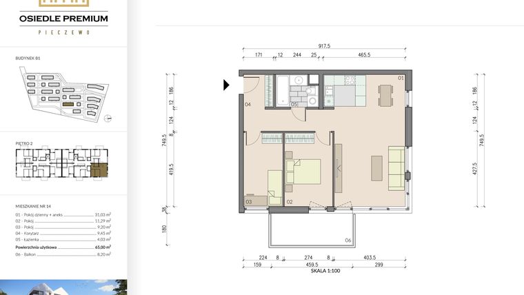 Rzut - Mieszkanie na sprzedaż 3 pokoje o powierzchni 65 m² - numer B1.14 w Osiedle Premium etap IV