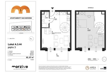 Rzut - Mieszkanie na sprzedaż 1 pokój o powierzchni 65,87 m² - numer A.3.44 w Morzlive