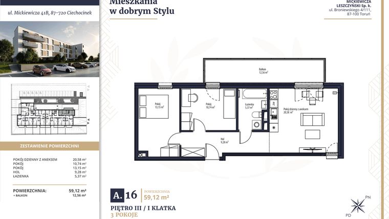 Rzut - Mieszkanie na sprzedaż 3 pokoje o powierzchni 59,12 m² - numer A16 w Mickiewicza