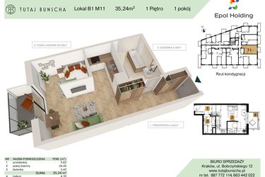 Rzut - Mieszkanie na sprzedaż 1 pokój o powierzchni 35,24 m² - numer B1.M11 w Tutaj Bunscha