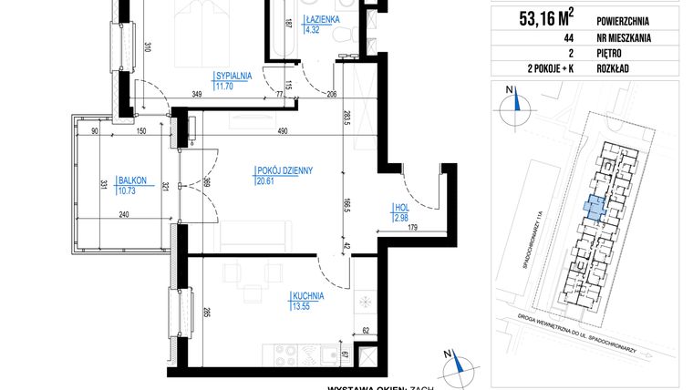 Rzut - Mieszkanie na sprzedaż 2 pokoje o powierzchni 53,16 m² - numer 44 w Vieniava edycja druga