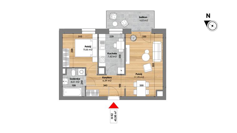 Rzut - Mieszkanie na sprzedaż 2 pokoje o powierzchni 45,98 m² - numer M62 w Przy Kochanowskiego