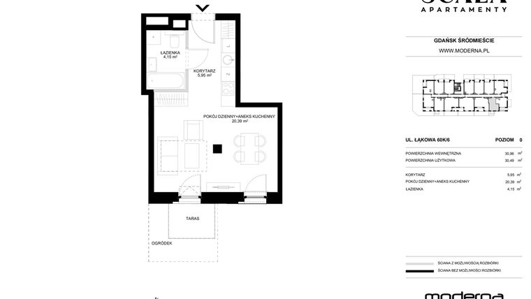 Rzut - Mieszkanie na sprzedaż 1 pokój o powierzchni 30,96 m² - numer K-6 (N) w Scala