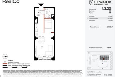 Rzut - Mieszkanie na sprzedaż 1 pokój o powierzchni 37,05 m² - numer EZ.1.3.33 w Elewator - Mieszkania i Lofty