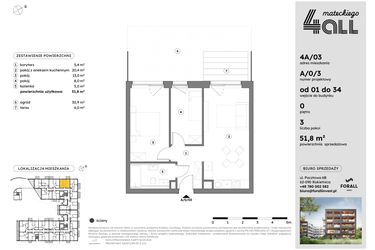 Rzut - Mieszkanie na sprzedaż 3 pokoje o powierzchni 51,73 m² - numer A/0/3 w Osiedle Mateckiego 4ALL