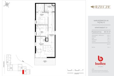 Rzut - Mieszkanie na sprzedaż 3 pokoje o powierzchni 64,19 m² - numer 4A.21 w Urzecze